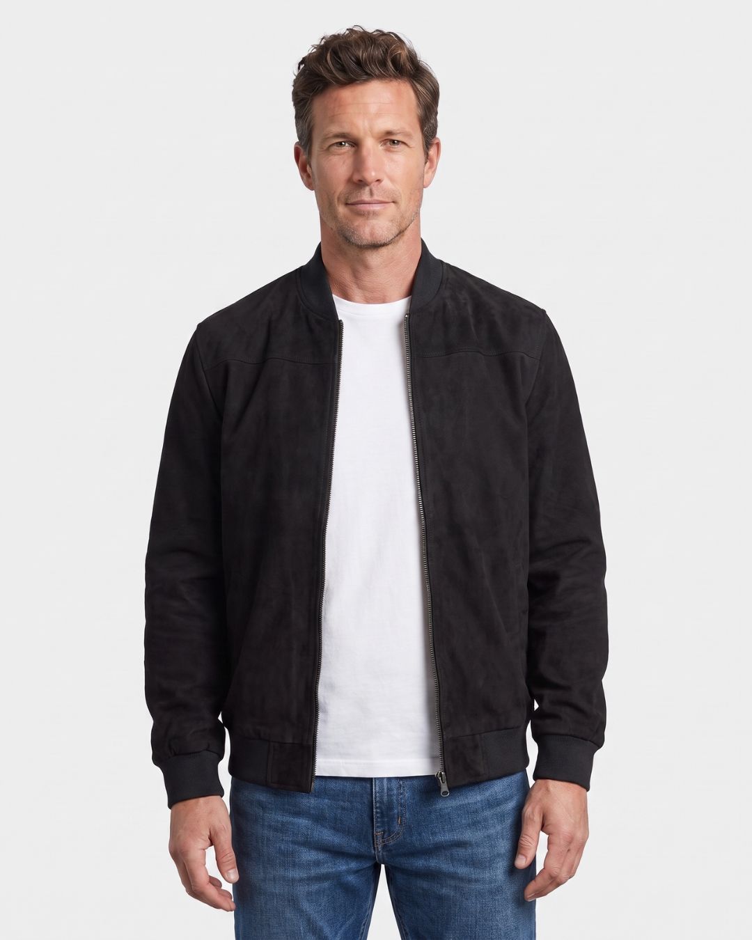 Men’s black lightweight fleece bomber jacket with a soft suede-inspired finish, stand collar, and full-zip front.