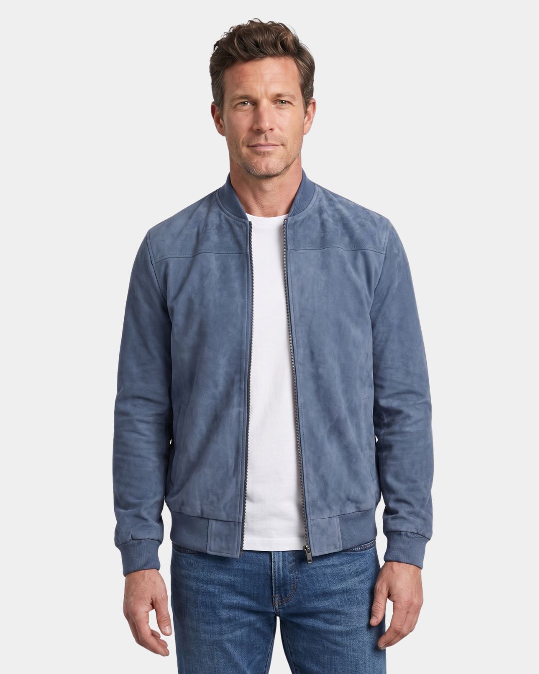 Blue lightweight fleece bomber jacket with a suede-inspired finish, stand collar, and full-zip front.