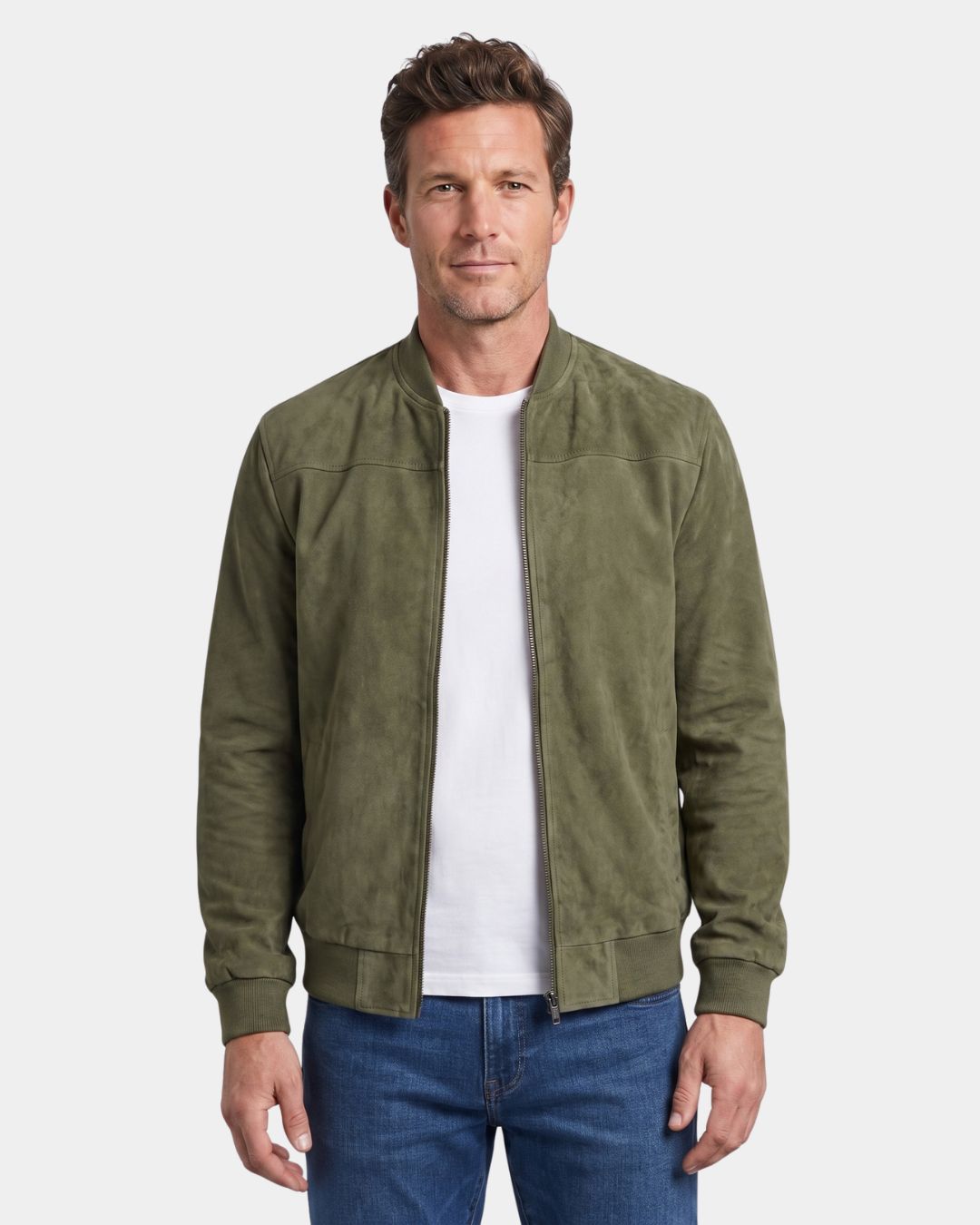 Olive green lightweight fleece bomber jacket with a suede-inspired finish, stand collar, and full-zip front.