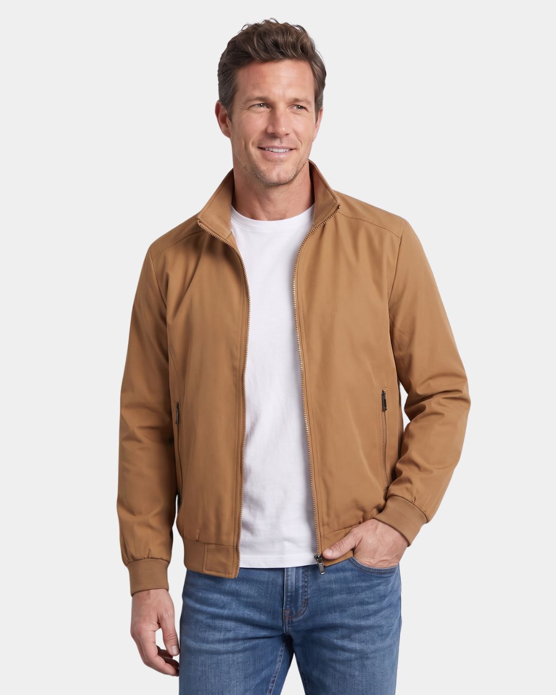 Tan lightweight Harrington jacket with a stand collar, zip front, and ribbed cuffs worn over a white T-shirt.