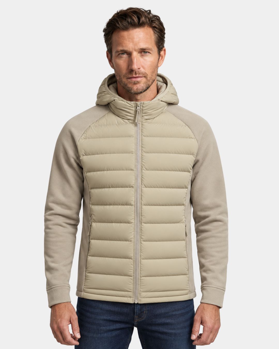 Beige men’s hybrid hooded puffer jacket with quilted front panels, smooth sleeves, and a full-zip front closure.