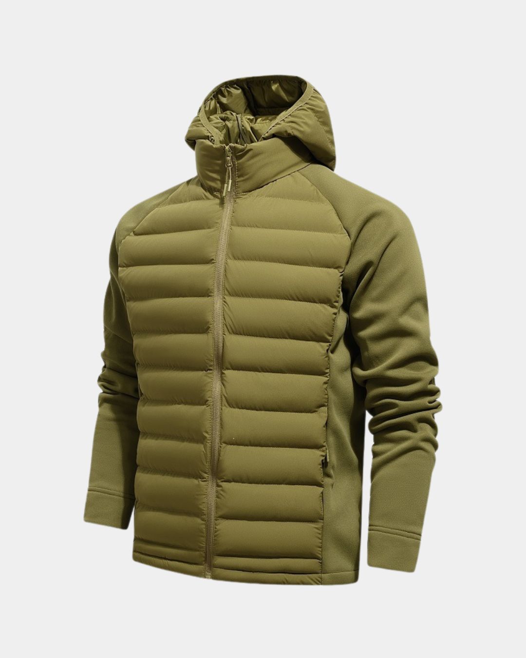 Olive green men’s lightweight hybrid puffer jacket with a quilted front, attached hood, and smooth sleeves.