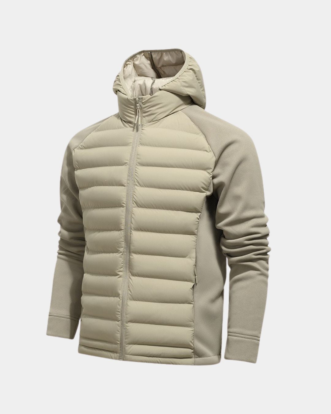 Men’s beige hybrid puffer jacket with a quilted front, attached hood, smooth sleeves, and a full-zip front closure.