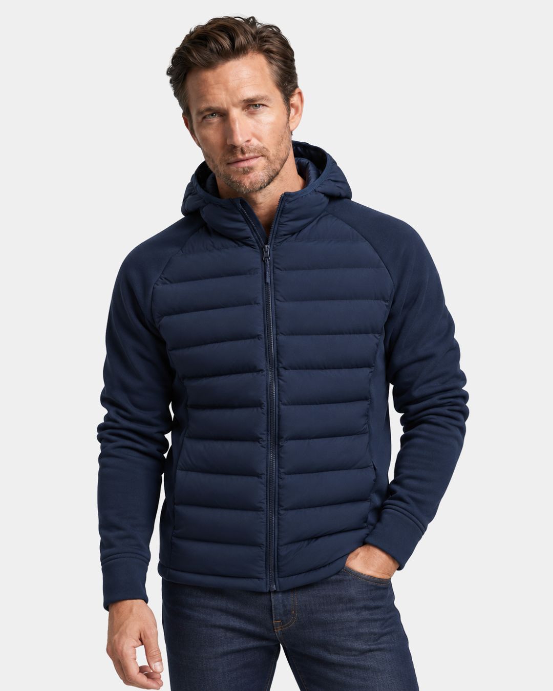 Men’s navy blue hybrid hooded puffer jacket with quilted front panels, smooth sleeves, and a full-zip front closure.