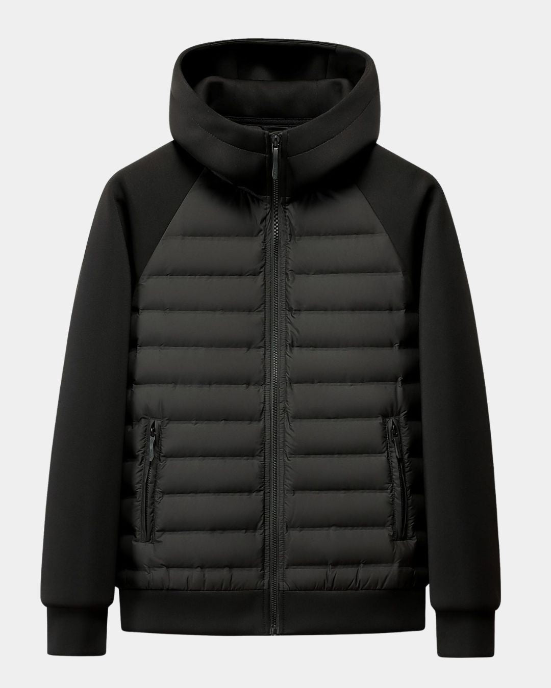 Black hybrid puffer jacket with a quilted down-filled body, knit sleeves, hood, and zip pockets.