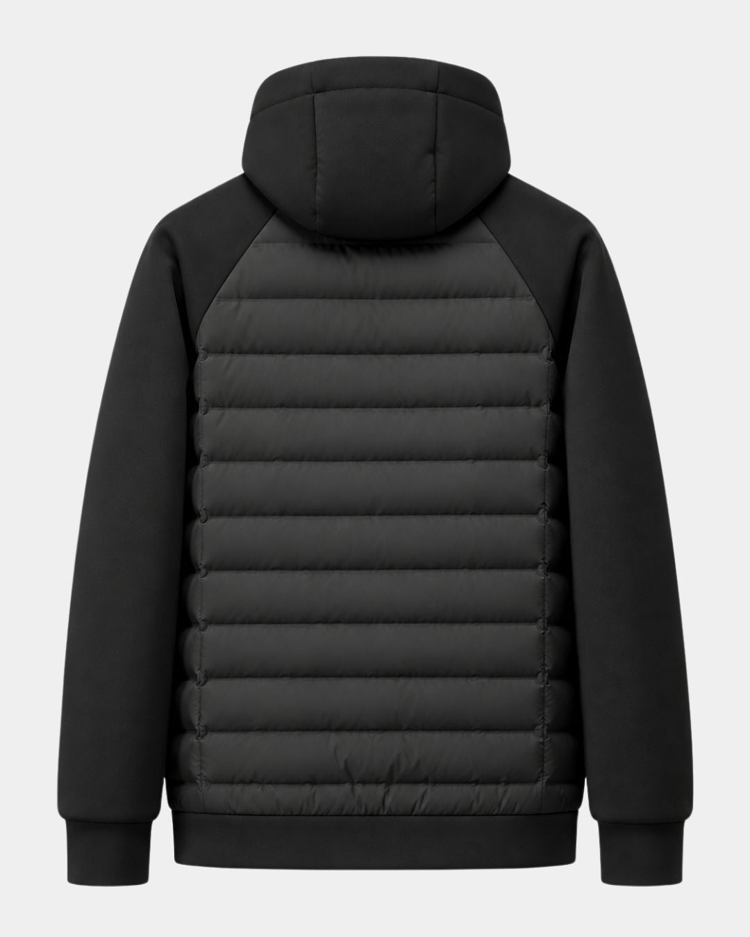 Back view of a black men's hybrid puffer jacket with a quilted down body, soft knit sleeves, and an attached hood.