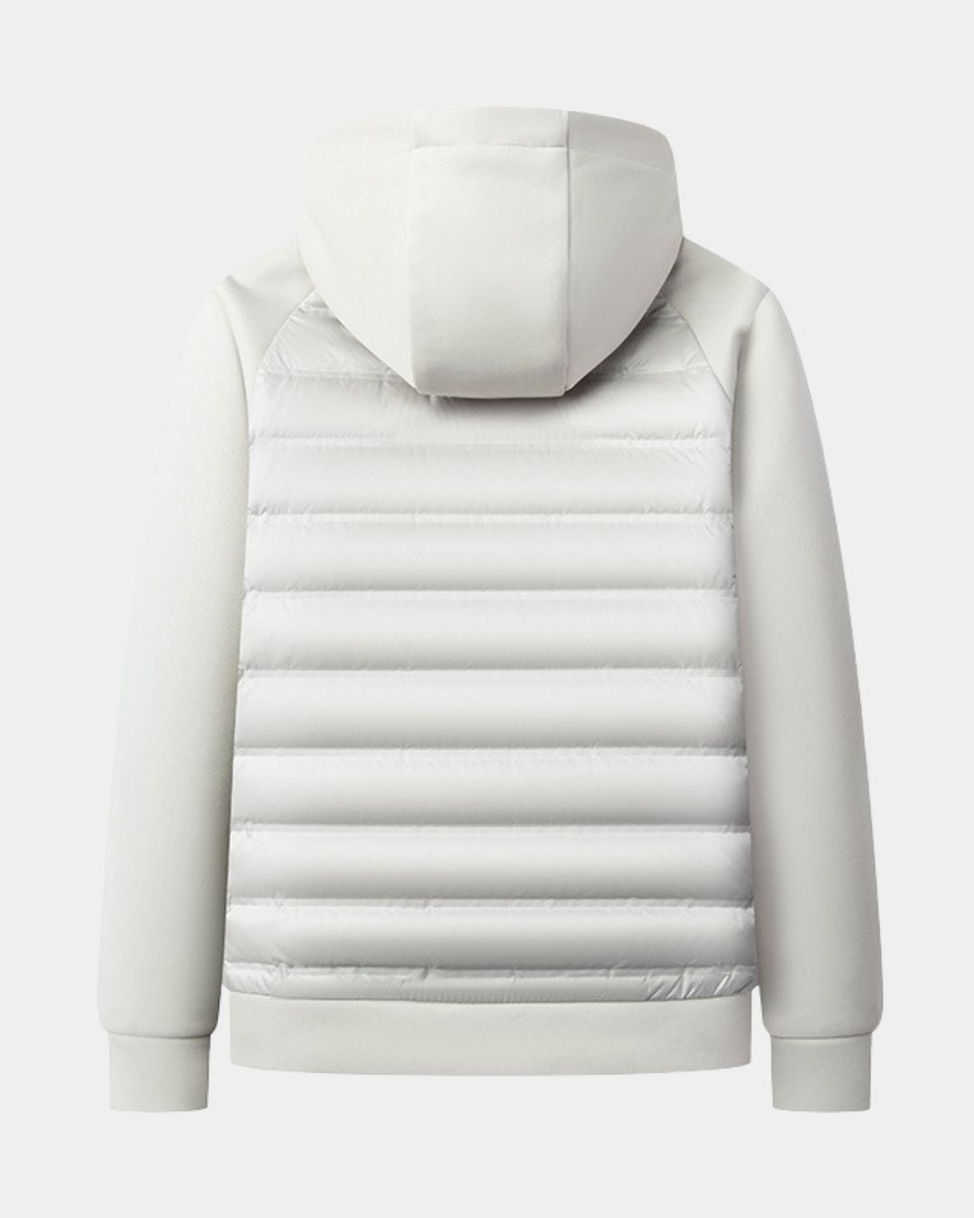 Back view of a light gray hybrid puffer jacket with a quilted down body, knit sleeves, and a matching hood.