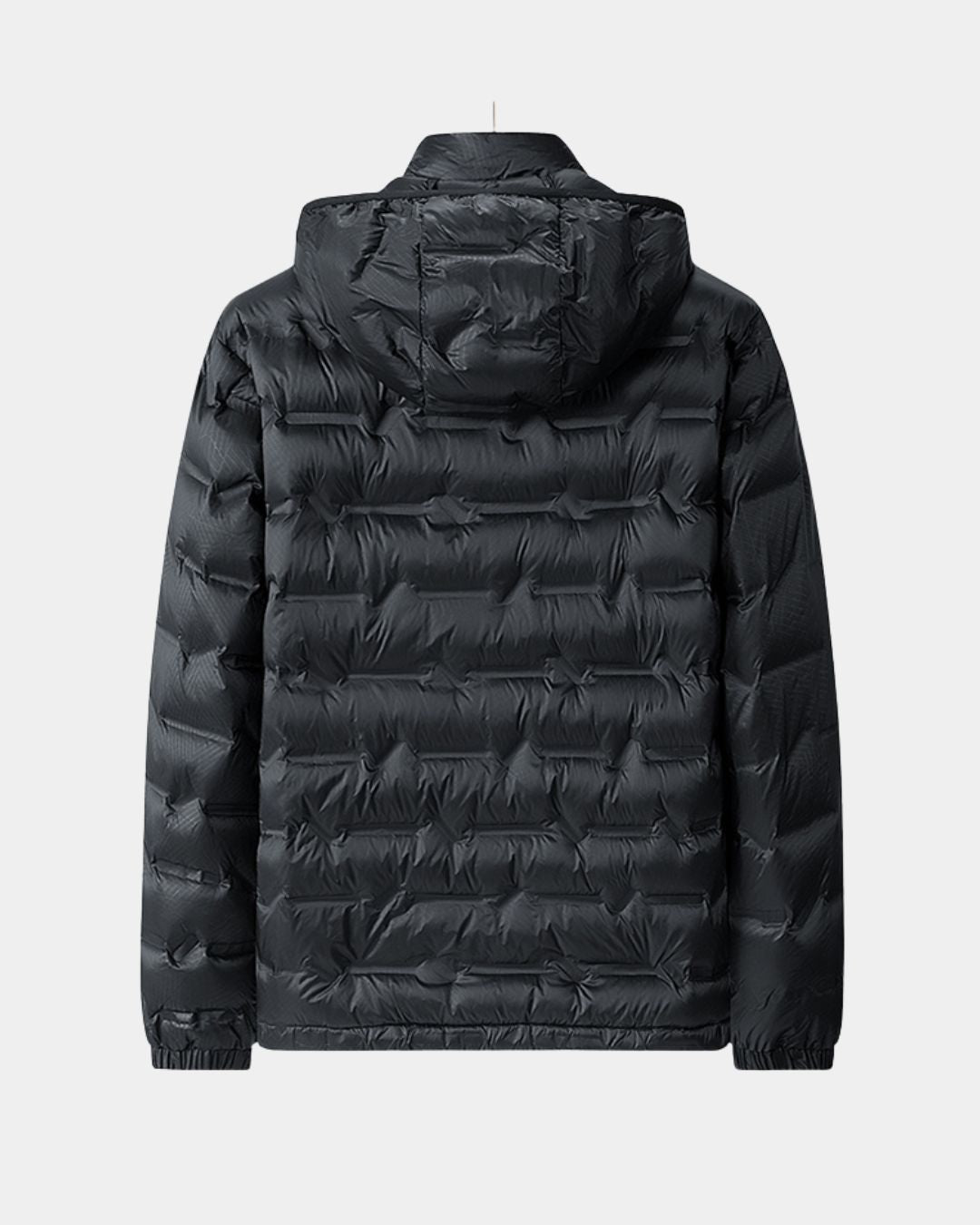 Back view of a black lightweight quilted down puffer jacket with a detachable hood and water-resistant finish.