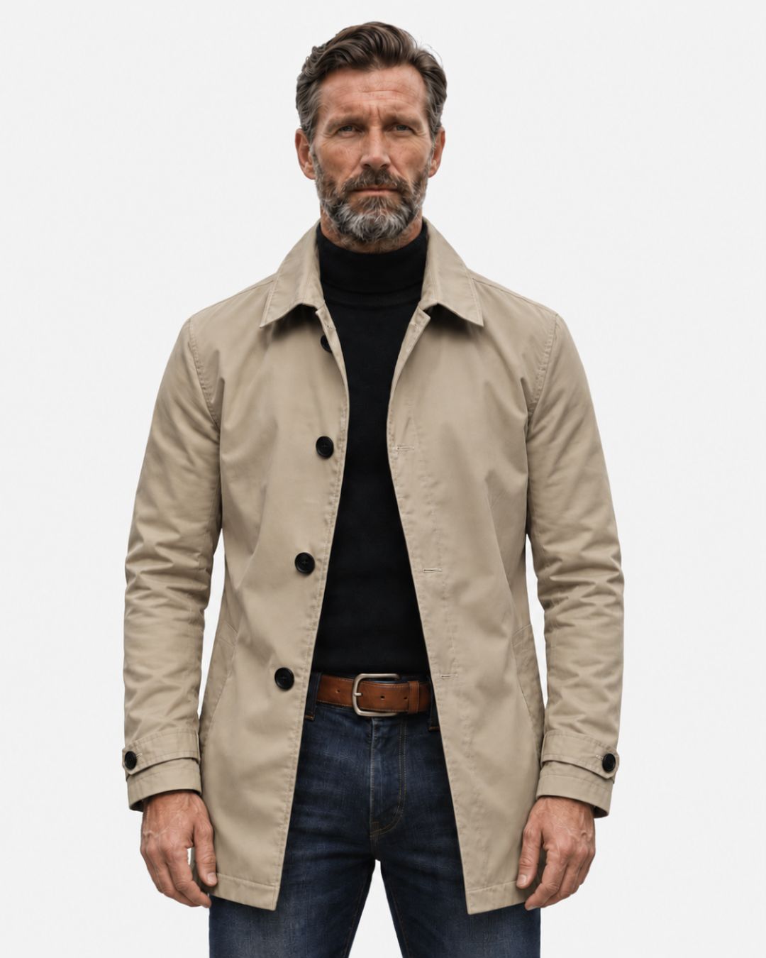 Beige lightweight short trench coat with a button-front, tailored car-coat silhouette and adjustable button cuffs.