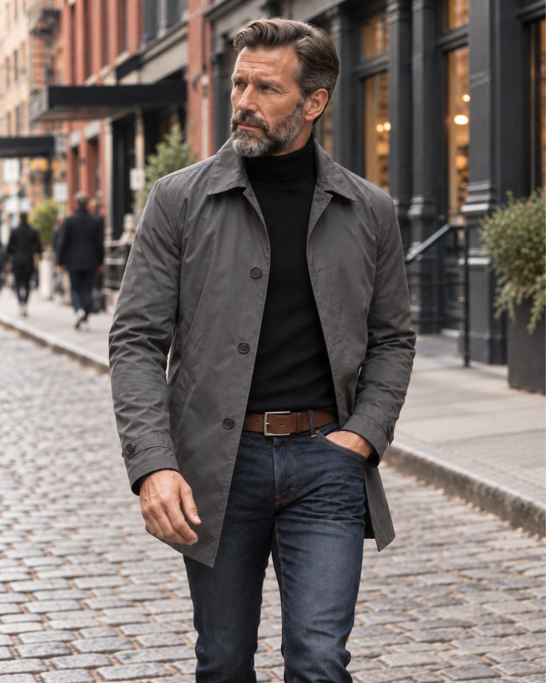 Man wearing a charcoal grey lightweight short trench coat over a black turtleneck and jeans on a city street.