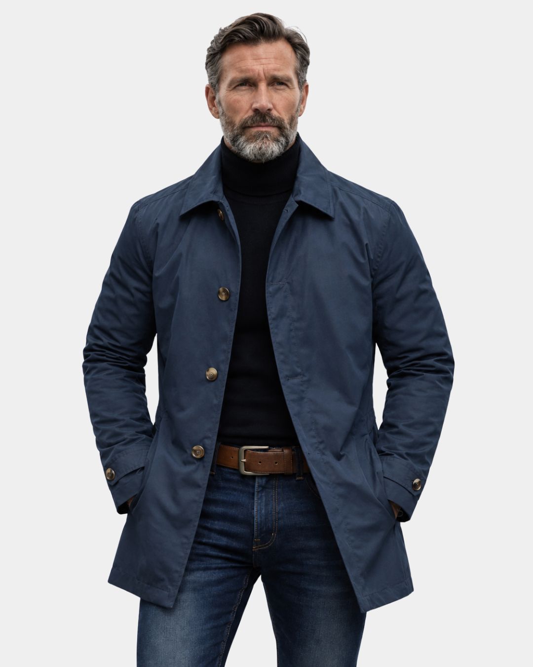 Men’s navy blue lightweight short trench coat with button-front closure and tailored car coat silhouette.