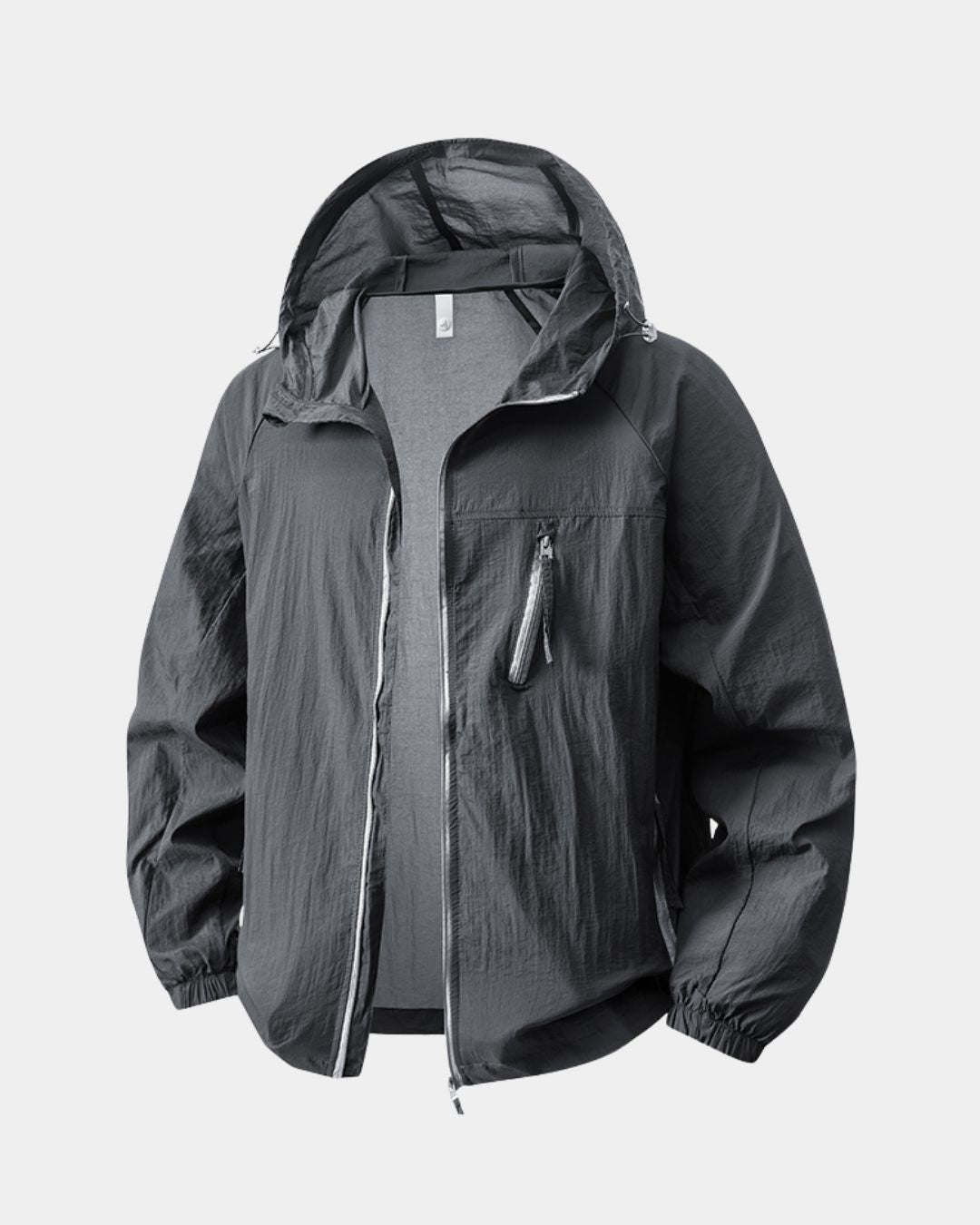 Dark grey lightweight waterproof windbreaker with a hood, full-zip front, and zippered chest pocket.
