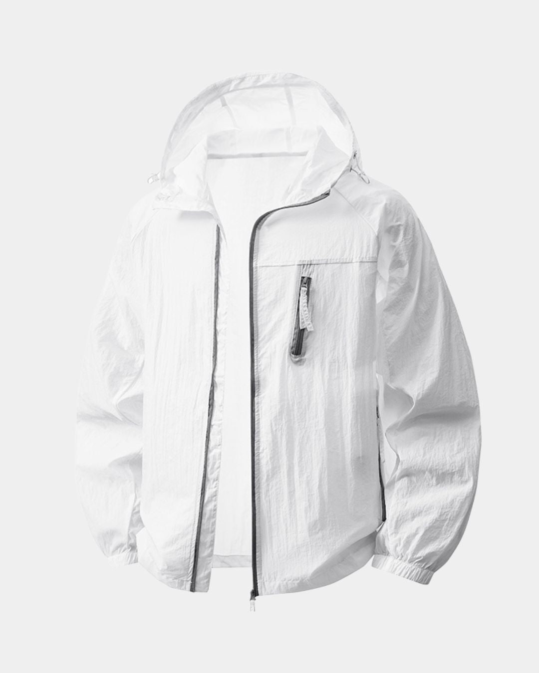 White lightweight hooded windbreaker with a full-zip front, zippered chest pocket, and breathable nylon fabric.