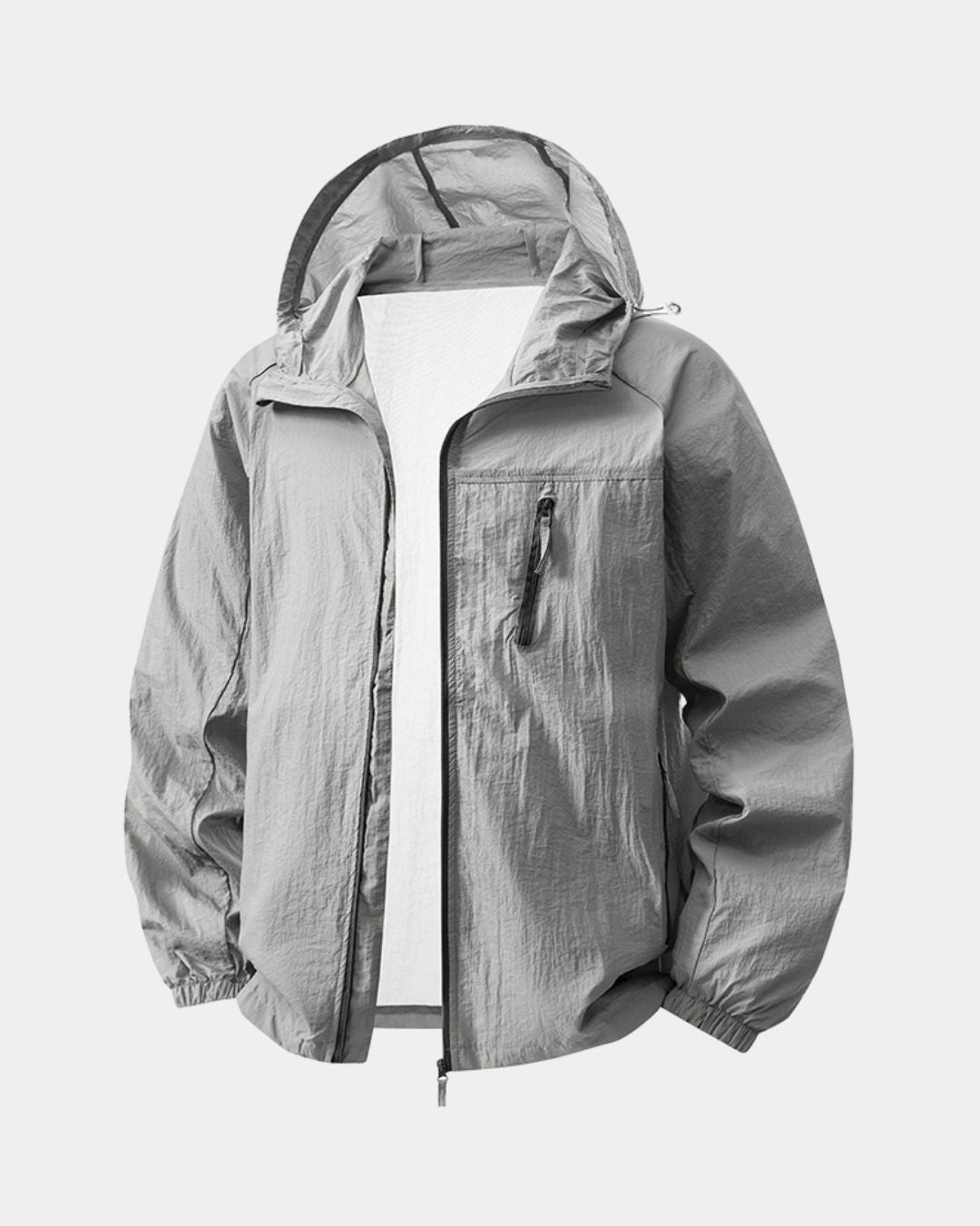 Lightweight grey hooded windbreaker with a zippered chest pocket and breathable nylon construction.