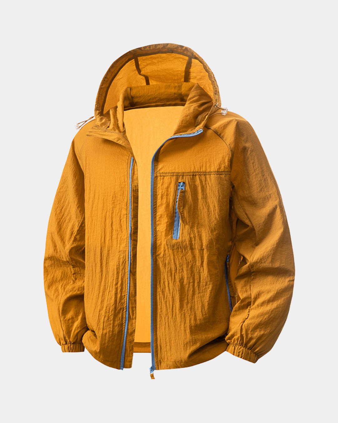 Mustard yellow lightweight waterproof windbreaker with a hood, full-zip front, and zippered chest pocket.