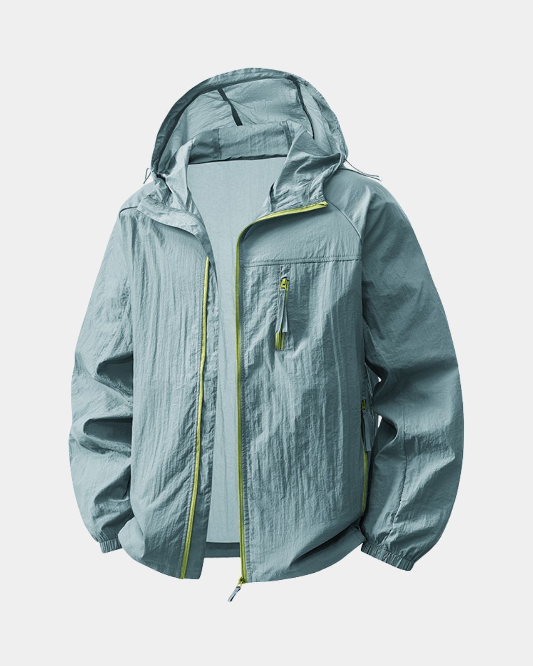 Lightweight blue waterproof windbreaker with a hood, full-zip front, and contrast lime green zipper detailing.
