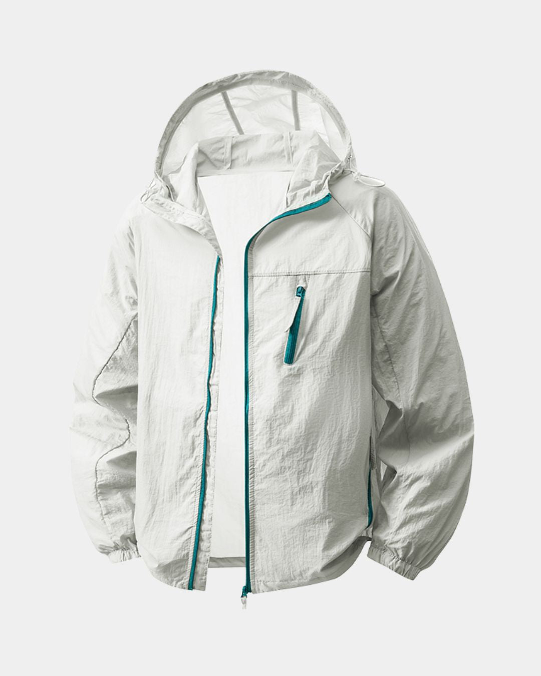 Lightweight white hooded windbreaker with teal zipper accents and a zippered chest pocket for outdoor activities.