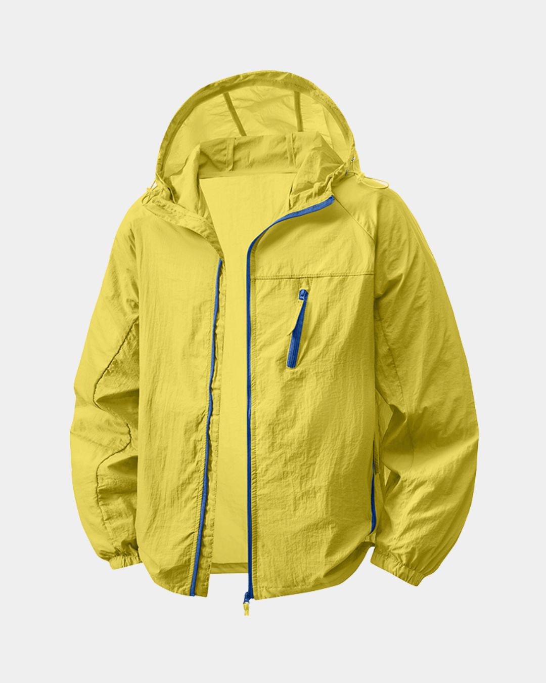 Yellow lightweight waterproof windbreaker with a hood, blue zipper details, and a zippered chest pocket.