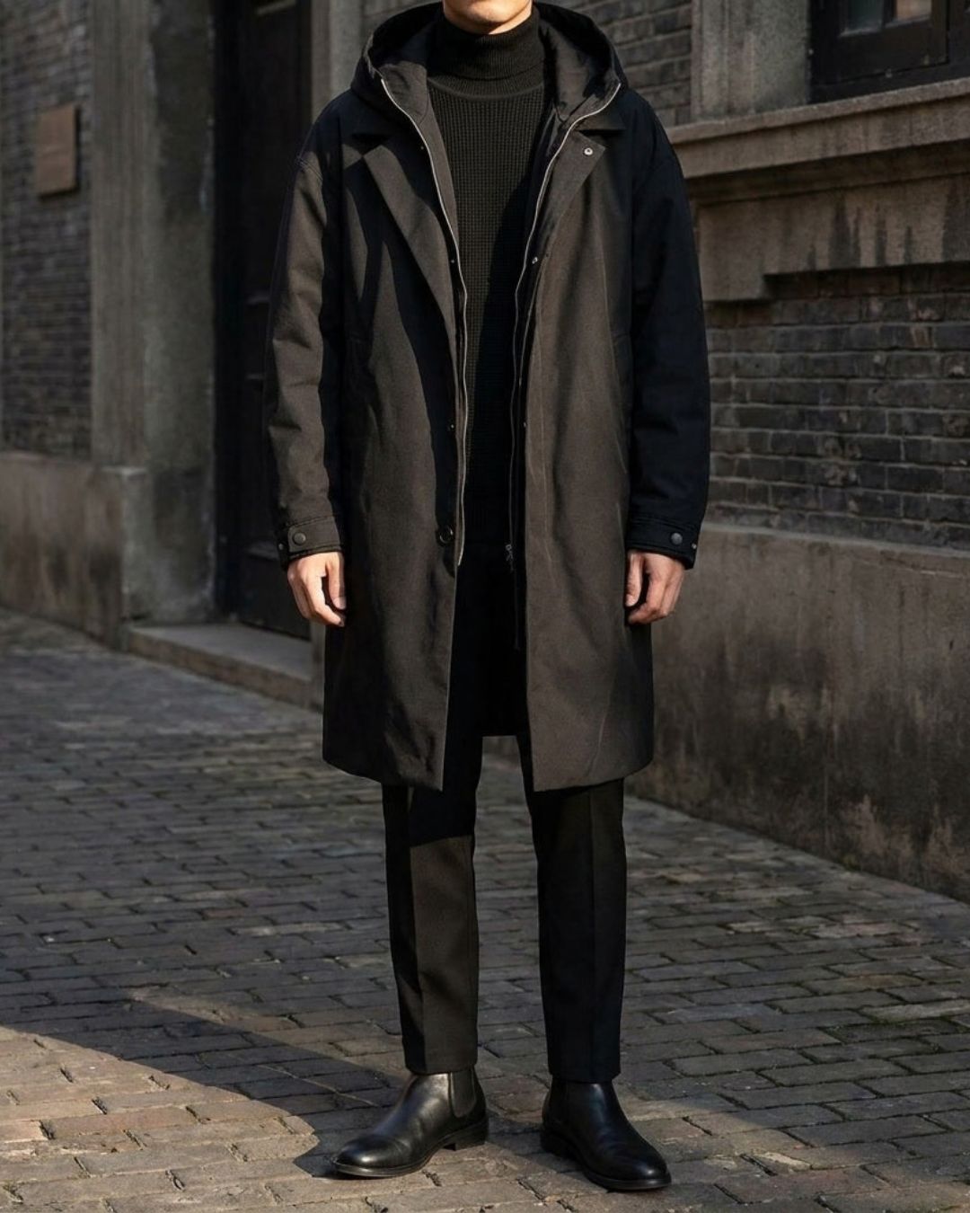 Men’s black long hooded overcoat with a trench-inspired design, full zip, button closure, and adjustable cuffs.