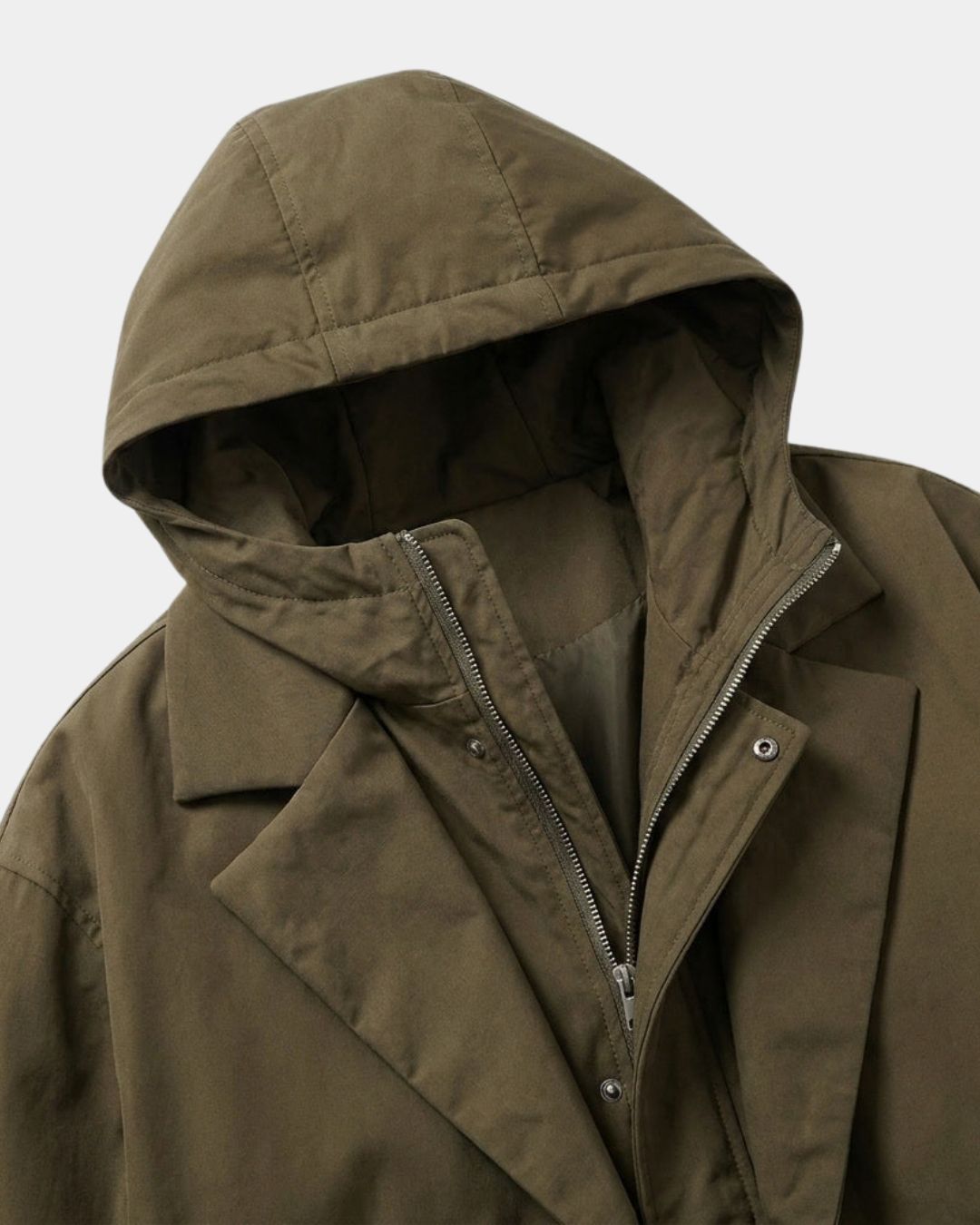 Olive green men’s long hooded overcoat featuring a windproof material, layered front, and full zip closure.