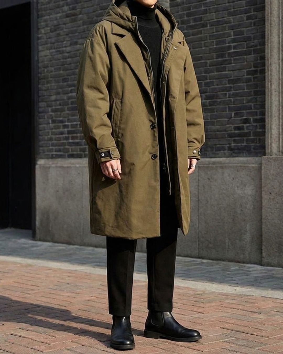 Olive green long hooded overcoat with a trench-inspired design, full zip, button closure, and adjustable cuffs.