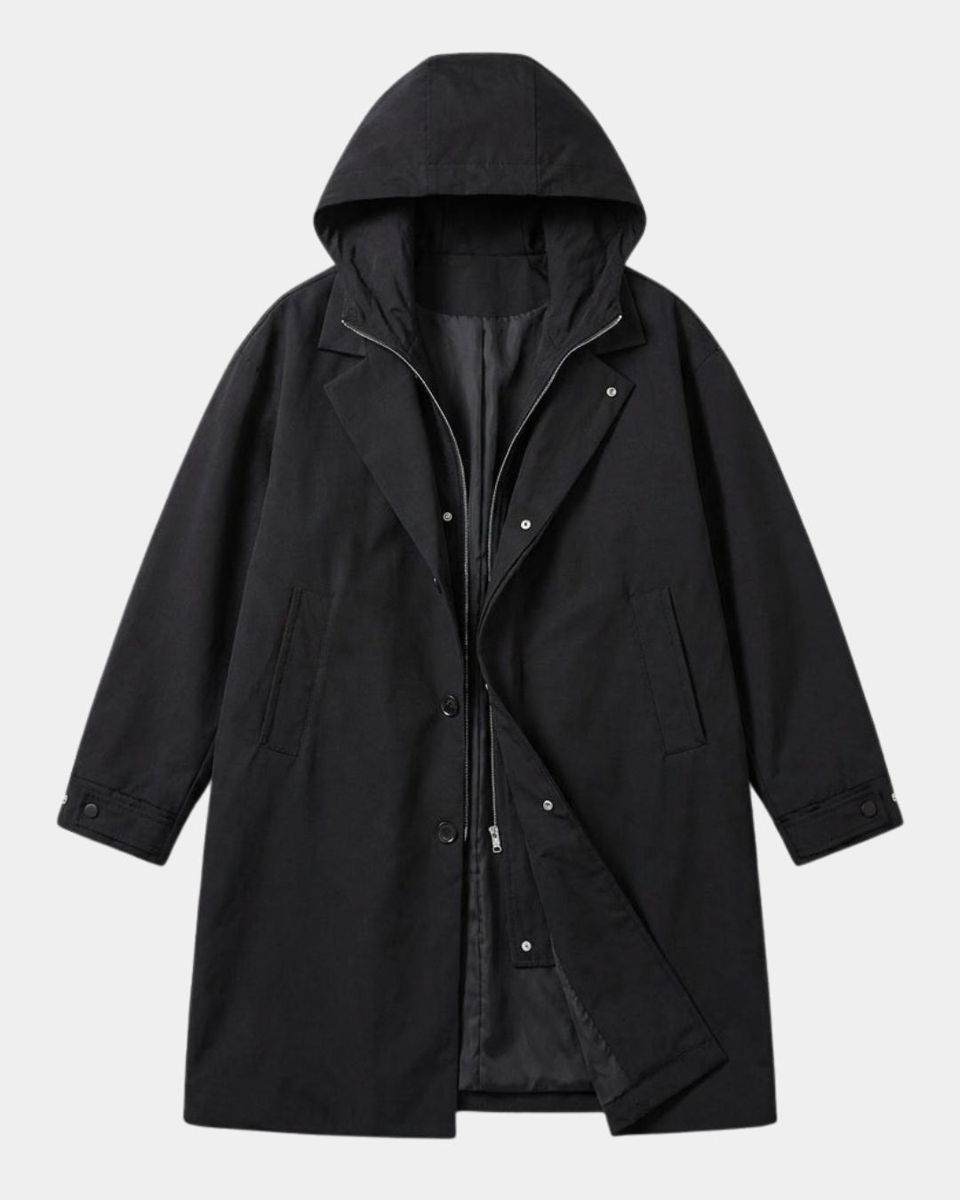 Black long hooded overcoat with a trench-inspired design, full zip, button closure, and adjustable cuffs.