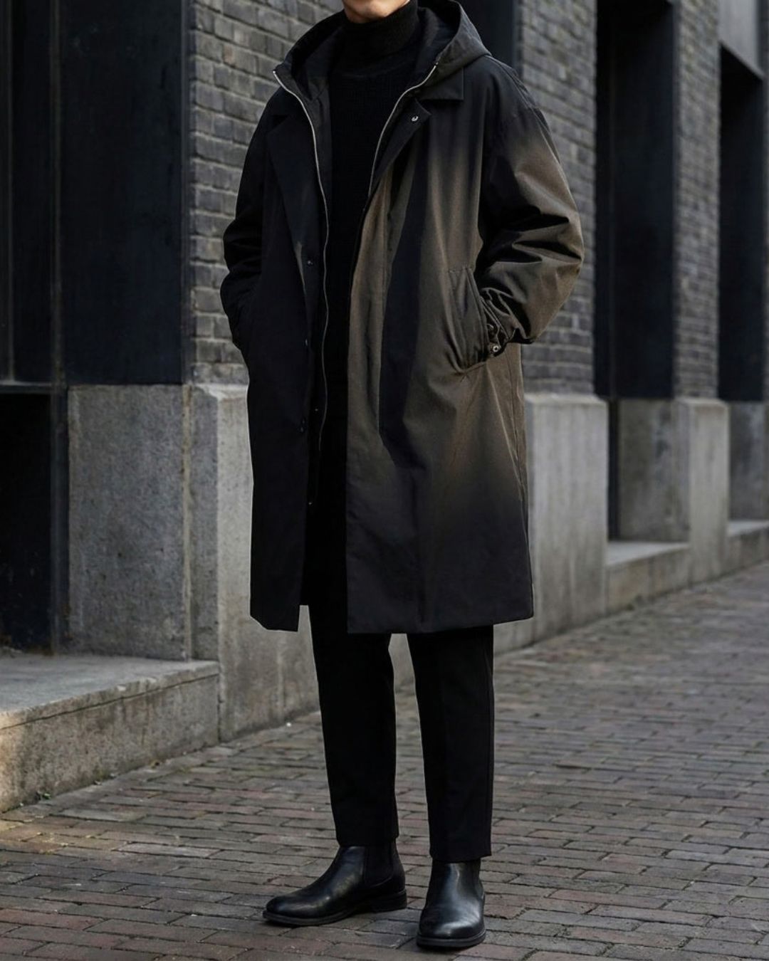 Men wearing a black long hooded overcoat with a zip and button front, relaxed fit, and side pockets on a city street.