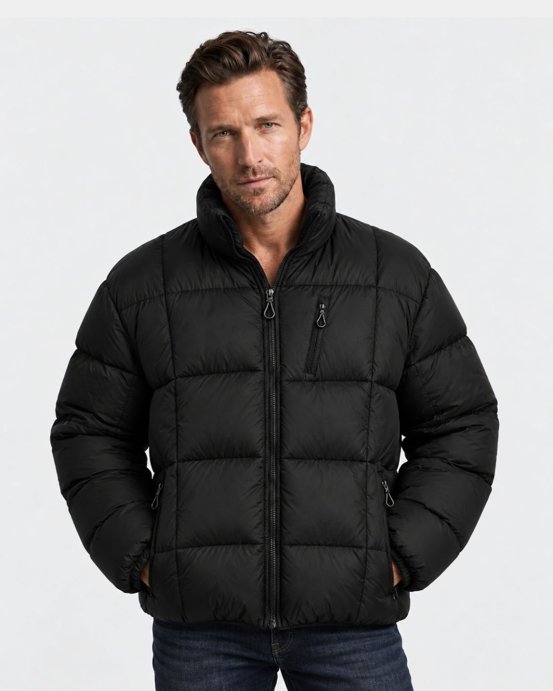 Man wearing a black padded winter puffer jacket with a stand collar, full front zipper, and zippered chest pocket.
