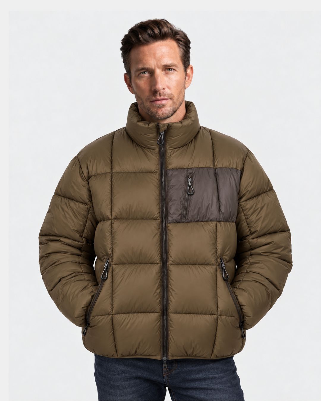 Olive green men's puffer jacket with a stand collar, contrast chest pocket, and full-zip front in a relaxed fit.