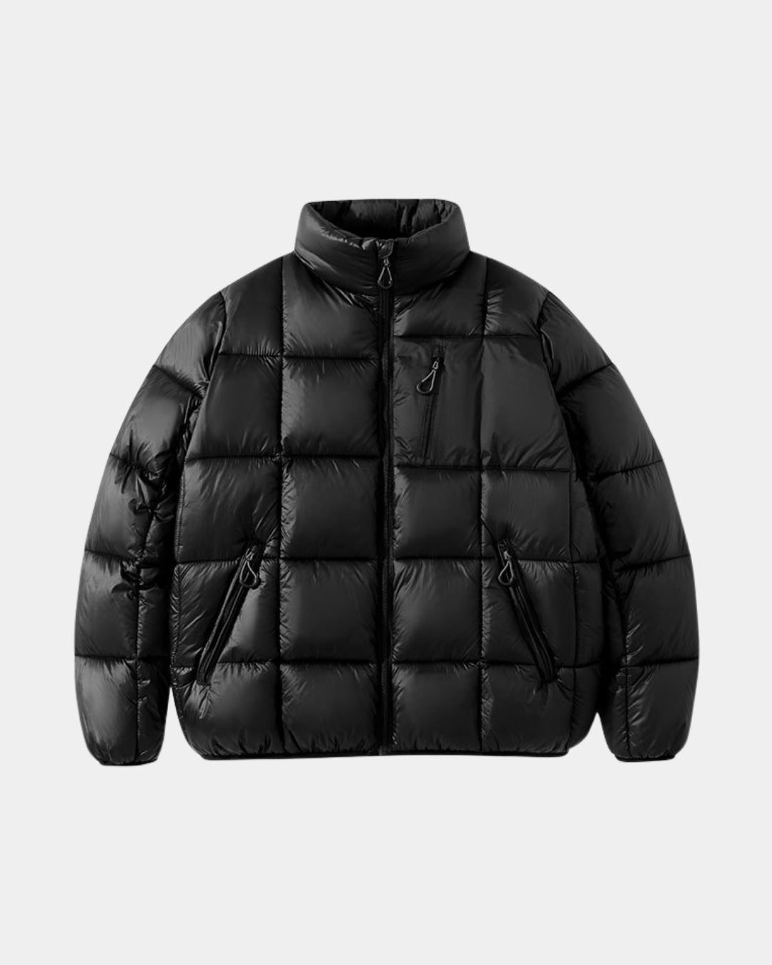 Black padded winter puffer jacket with a stand collar, full front zipper, and zippered chest and side pockets.