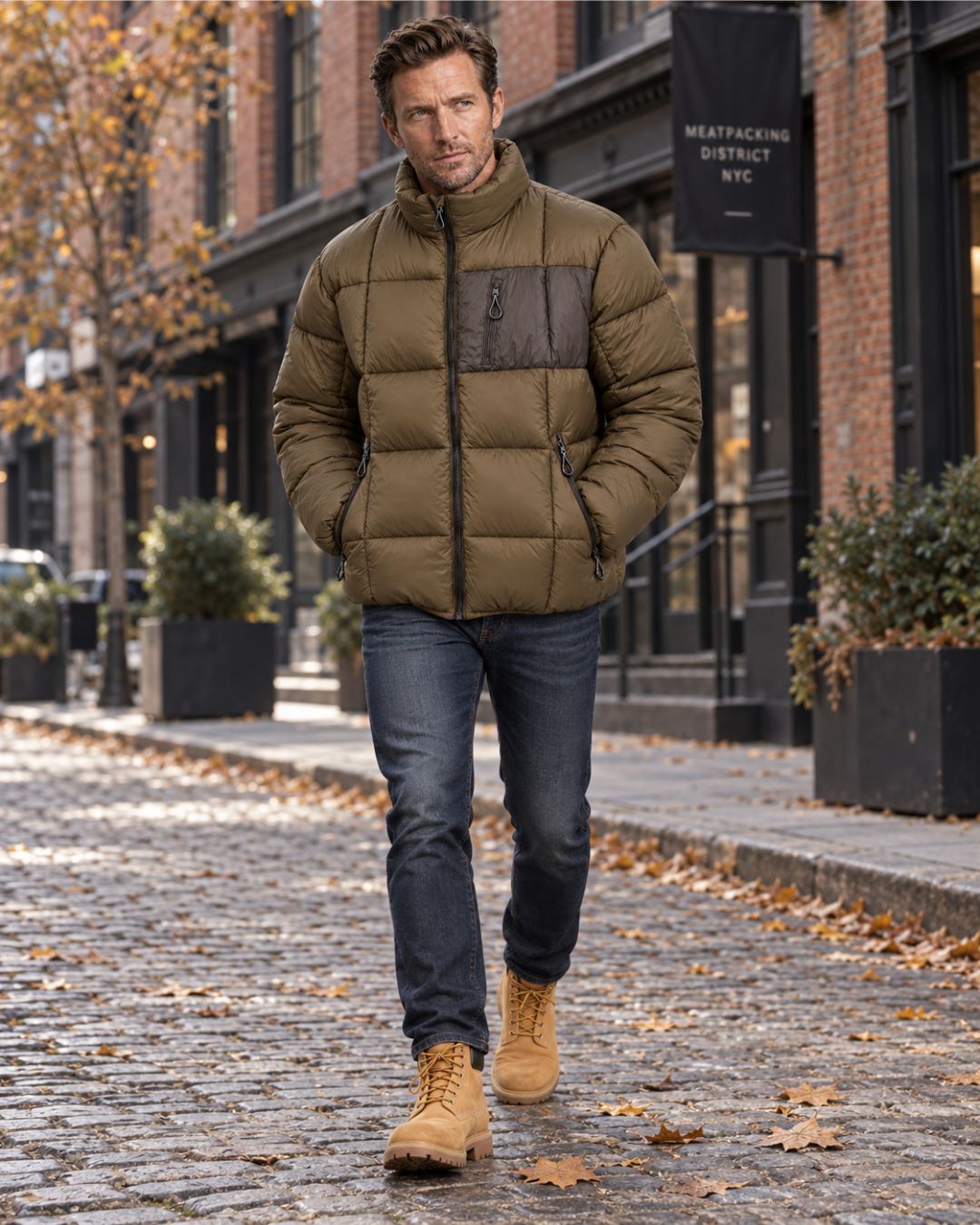 Olive green padded puffer jacket with a contrast chest pocket, stand collar, and full front zip worn with dark jeans.