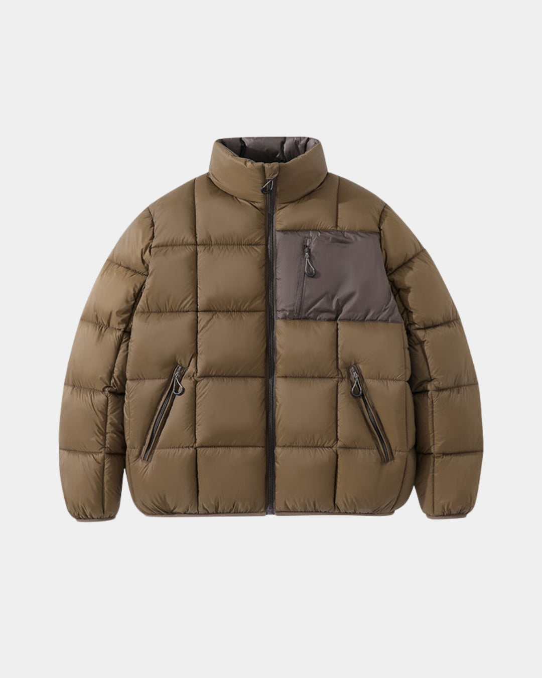 Olive green men's puffer jacket with a stand collar, chest zip pocket, and quilted padded construction.
