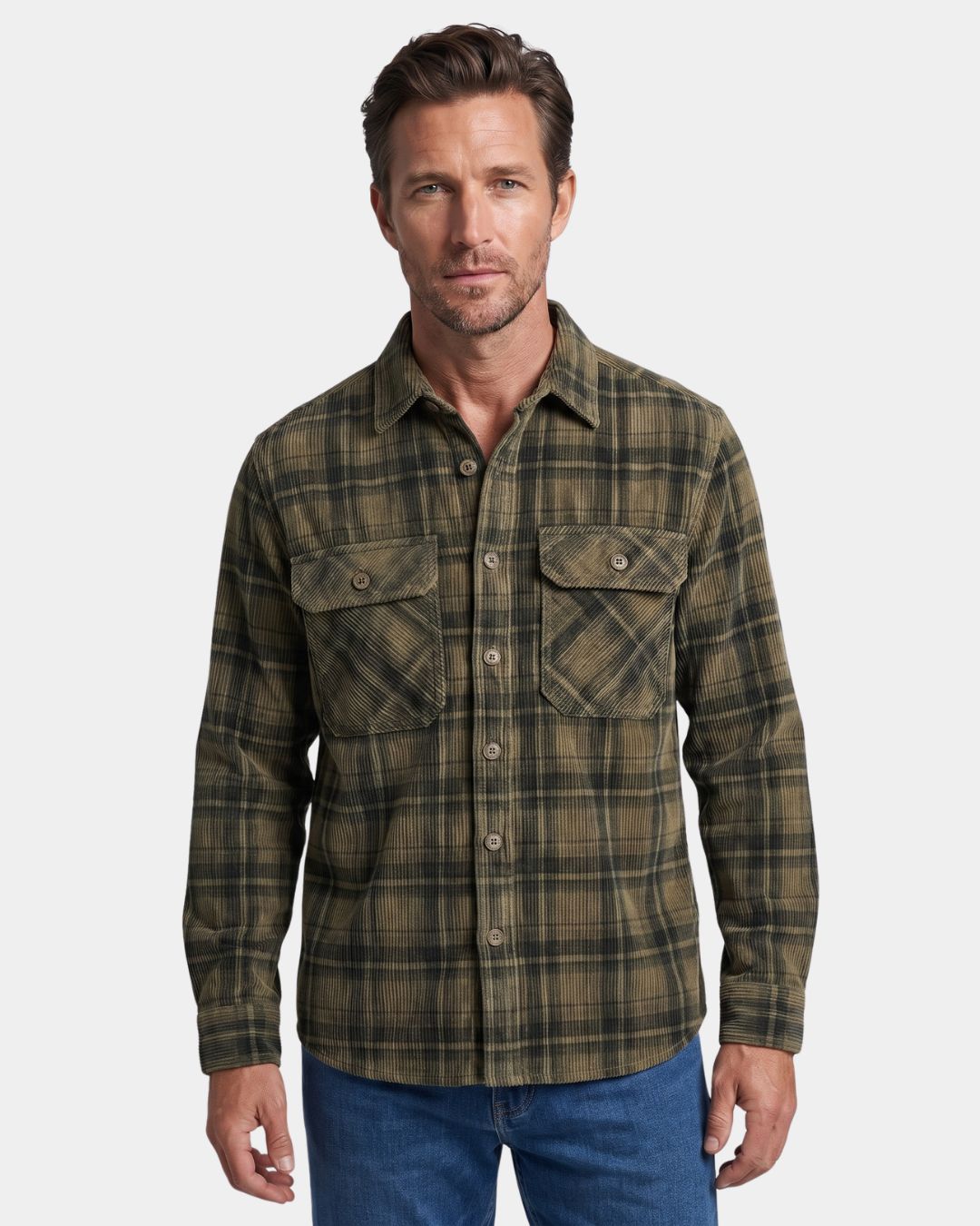 Men’s olive green plaid corduroy long-sleeve shirt with a spread collar, button-front, and two flap chest pockets.