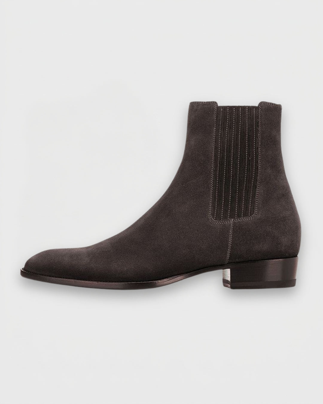 Dark brown suede Chelsea boots for men with a pointed toe, elastic side panels, and a low block heel.