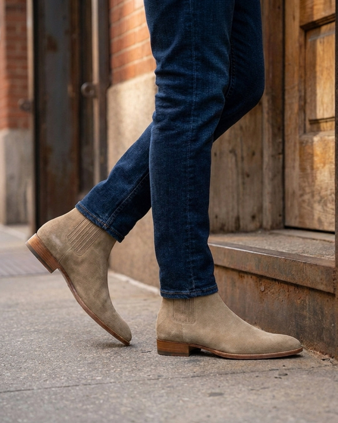 Men’s beige suede Chelsea boots with a pointed toe, elastic side panels, and a low stacked heel worn with dark jeans.