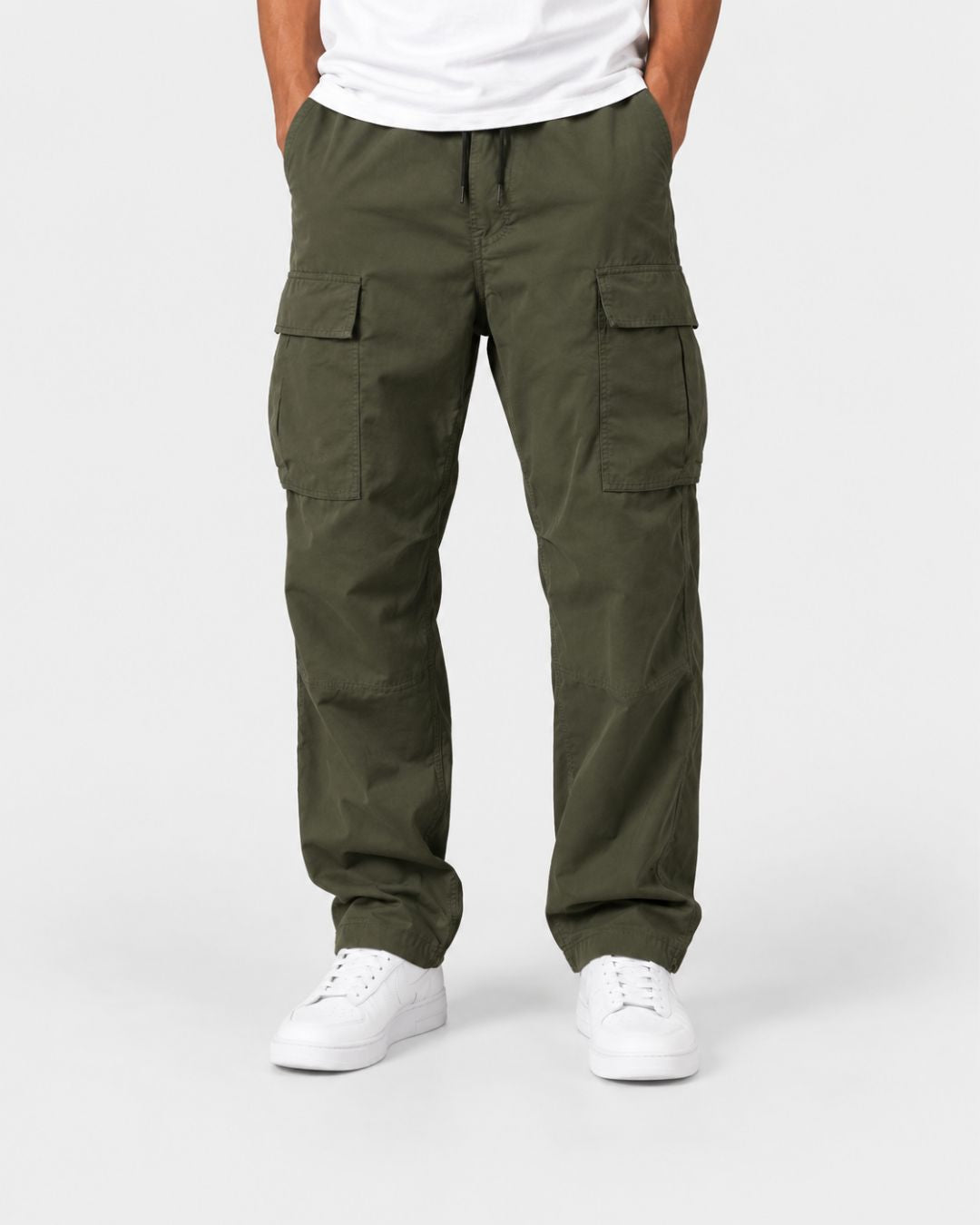 Olive green relaxed-fit cargo pants with an elastic drawstring waist, large flap pockets, and adjustable hem cords.