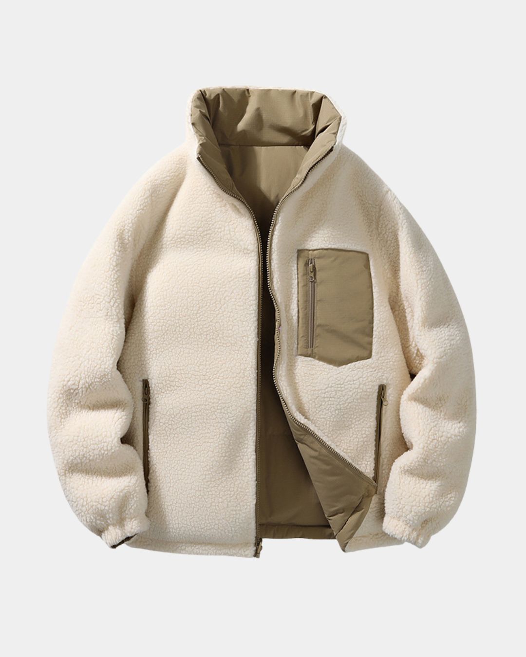 Men’s reversible puffer jacket in cream fleece and tan nylon with a stand collar, full-zip front, and zippered chest pocket.