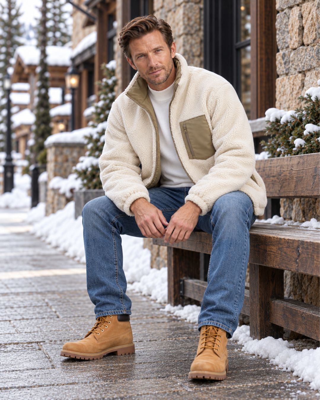 Man wearing a cream-colored reversible fleece puffer jacket with a stand collar and chest pocket, sitting on a snowy bench.
