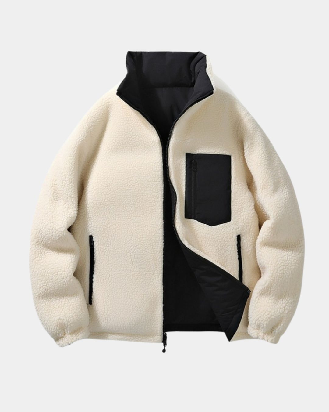 Reversible men’s puffer jacket featuring cream-colored fleece, a black stand collar, and a zip-up chest pocket.