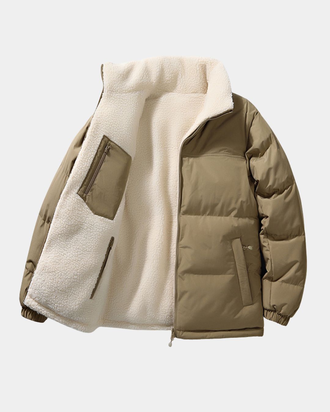 Tan men’s reversible puffer jacket with a smooth padded shell on one side and soft white fleece lining on the reverse.