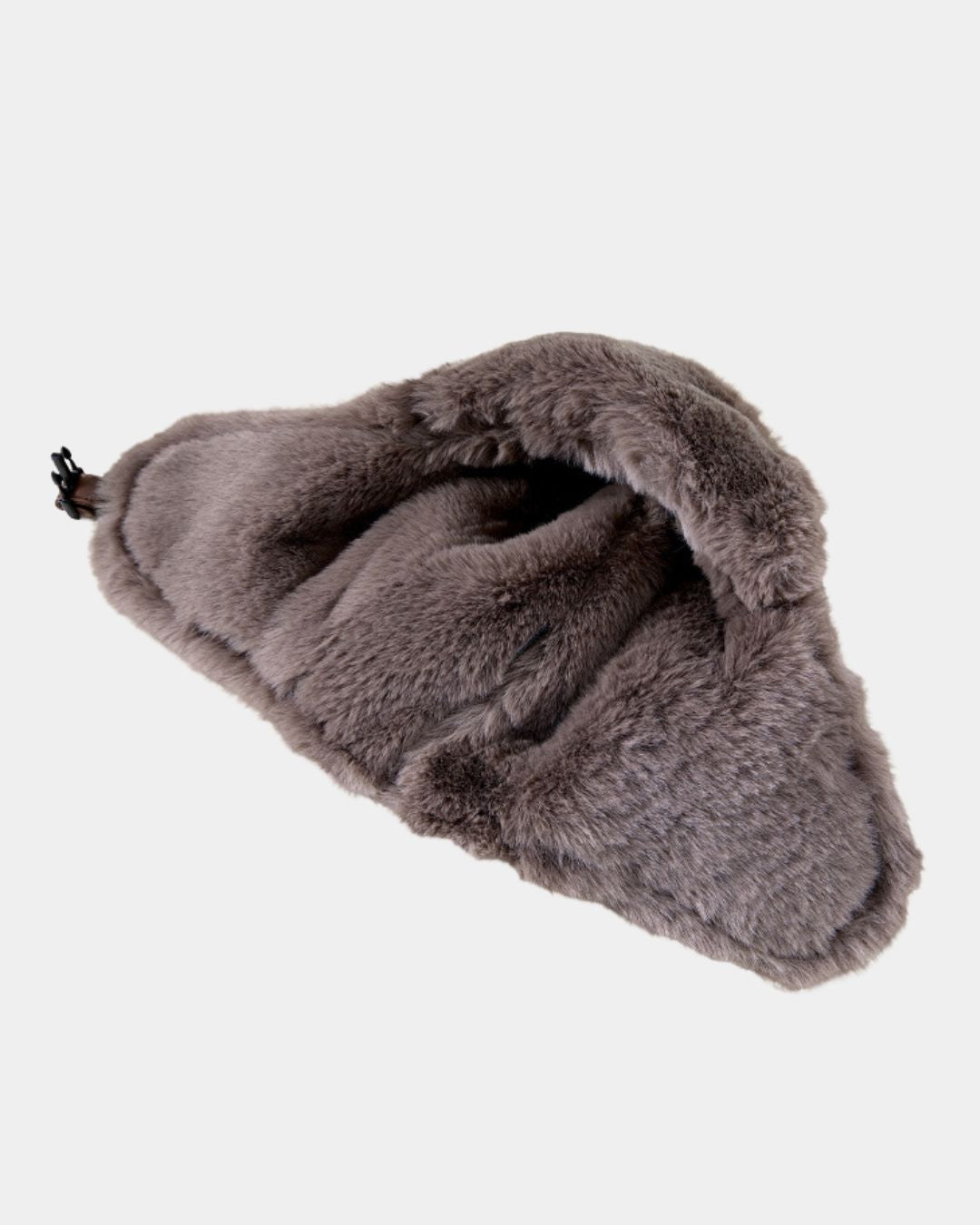 Reversible grey faux fur trapper hat with soft fleece lining and adjustable ear flaps for winter weather.