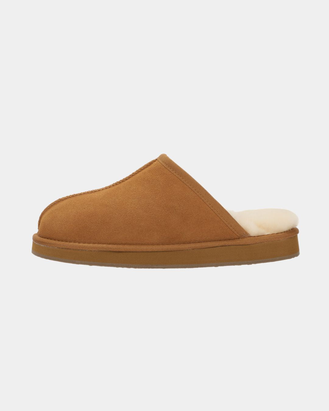 Camel brown sheepskin mule slippers for men with a soft cream wool lining and a durable rubber sole.