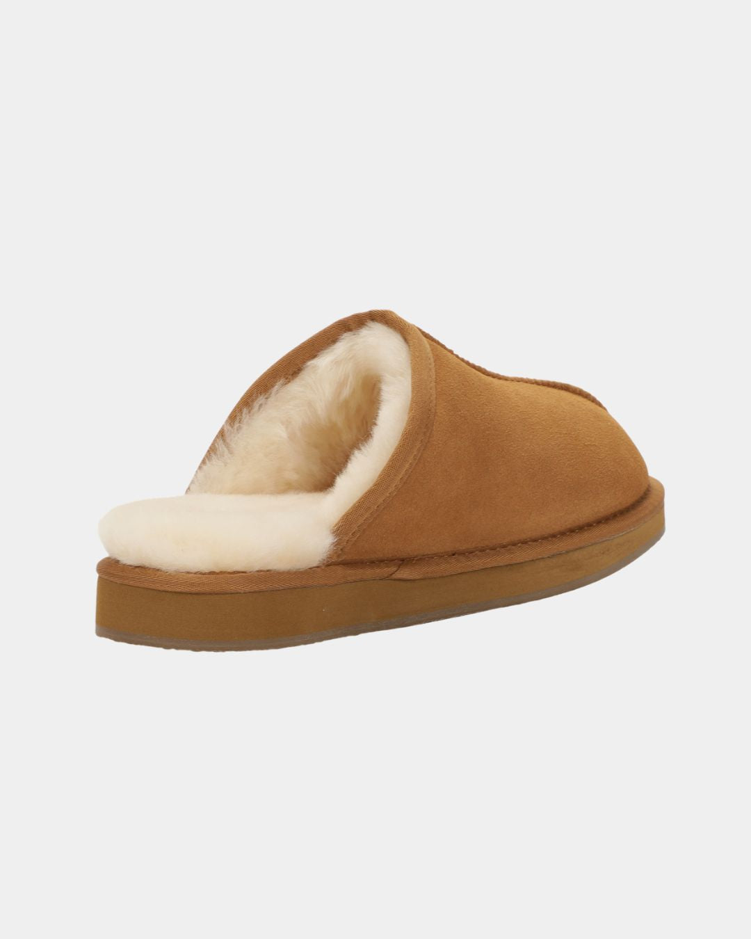 Tan sheepskin mule slippers for men with a plush cream wool lining and a durable flat rubber sole.