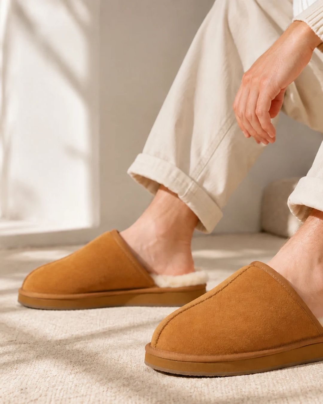 Tan sheepskin mule slippers with a soft wool lining and durable rubber sole worn with cream loungewear.