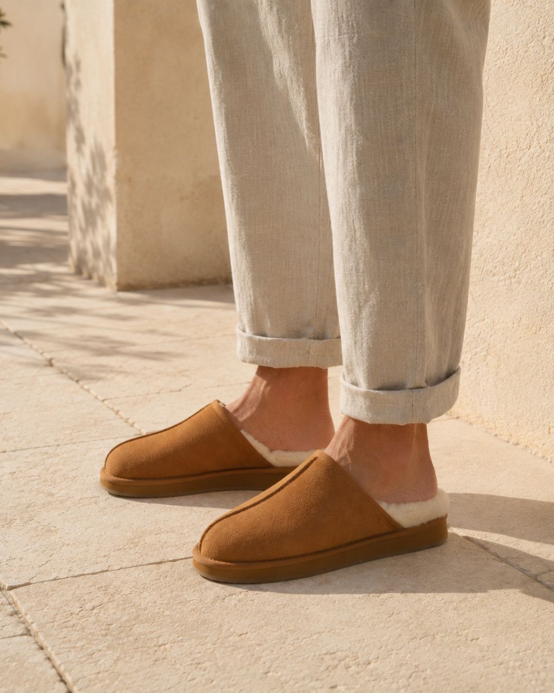 Tan sheepskin mule slippers with a plush wool lining and durable rubber sole worn with light-colored linen pants.
