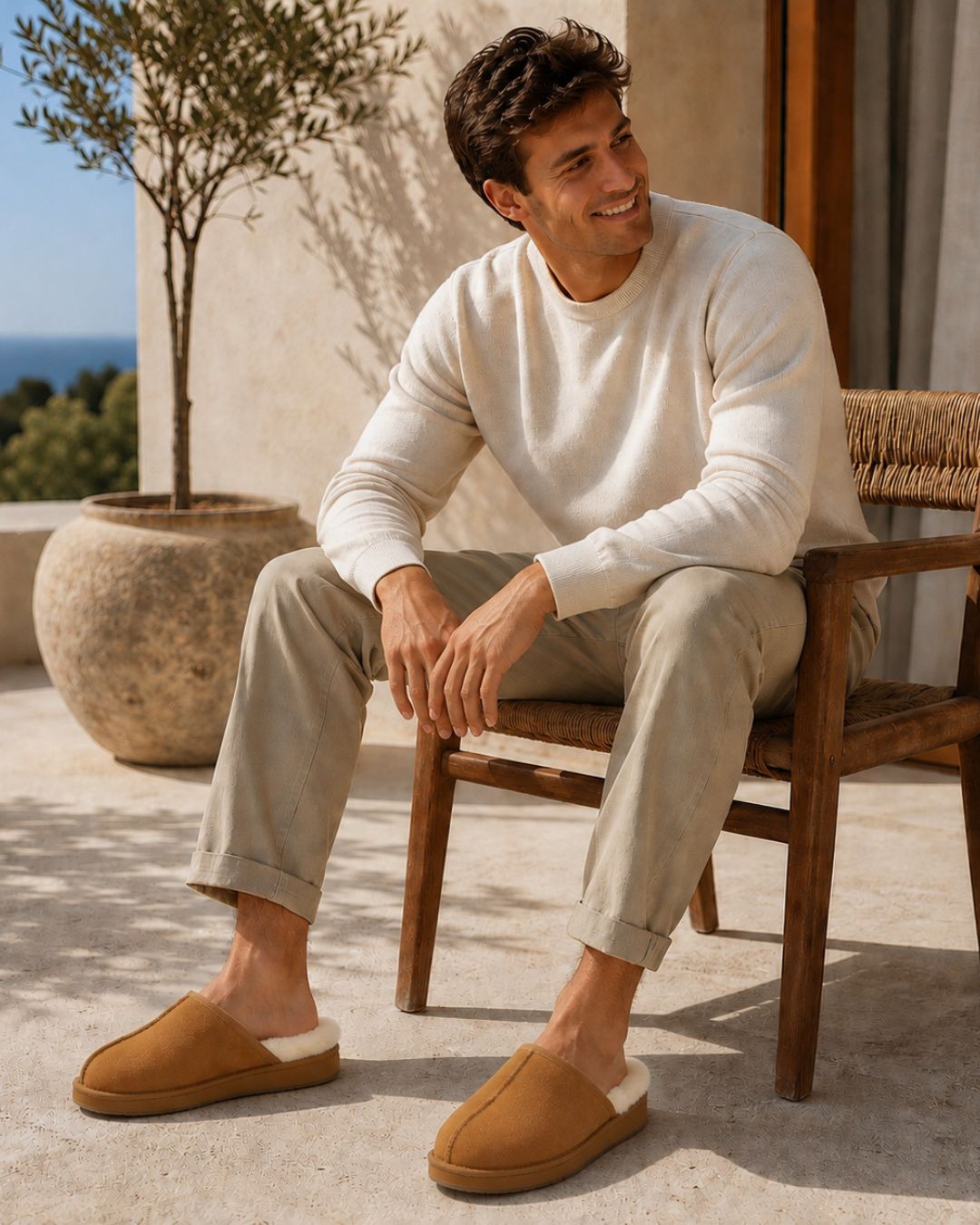 Man wearing tan sheepskin mule slippers with a cozy wool lining and durable rubber soles while sitting on a chair.