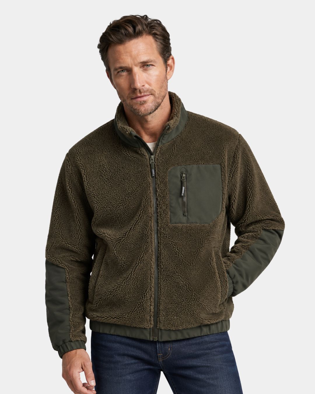 Army green men’s sherpa fleece utility jacket with contrast panels, stand collar, and zippered chest pocket.