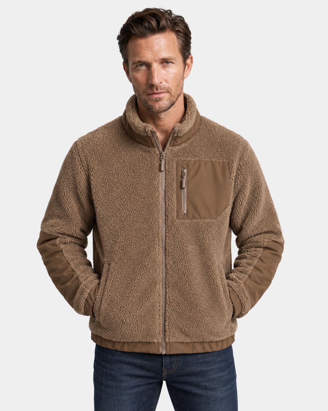 Camel men’s sherpa fleece utility jacket with a full-zip front, stand collar, and contrasting chest and forearm panels.