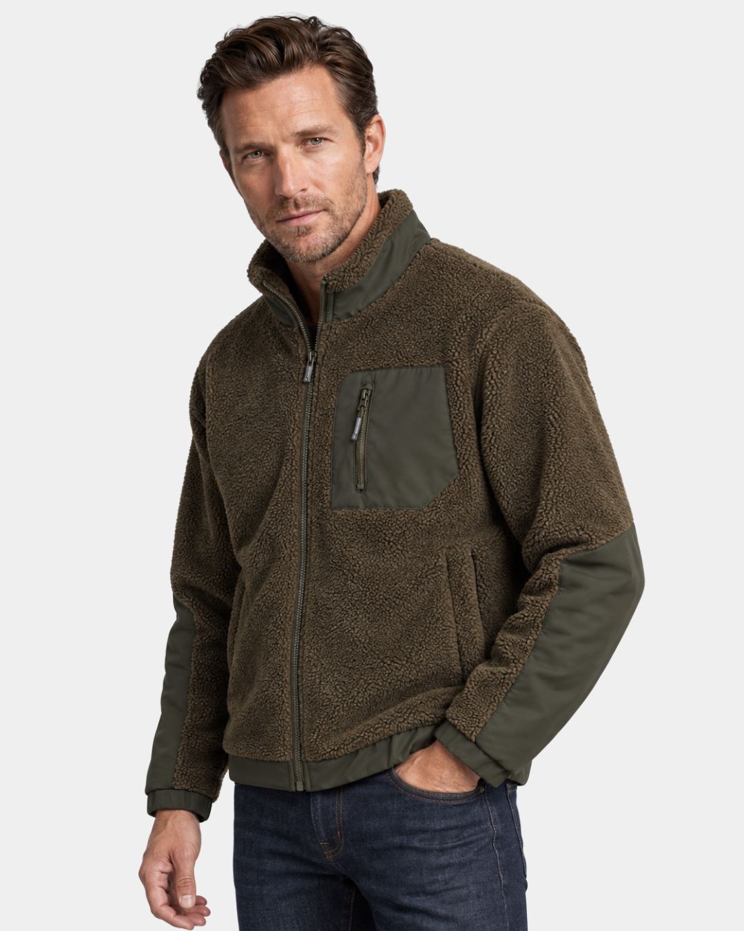 Army green men's sherpa fleece utility jacket with contrast panels, stand collar, and zippered chest pocket.