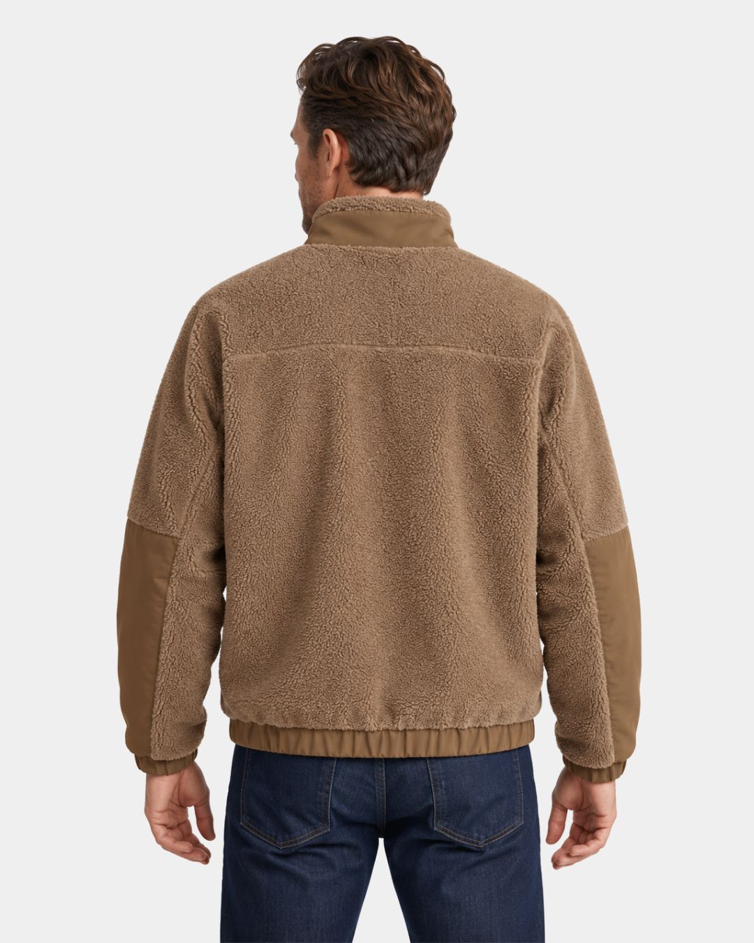 Back view of a camel men’s sherpa fleece utility jacket with a stand collar and contrasting forearm panels.